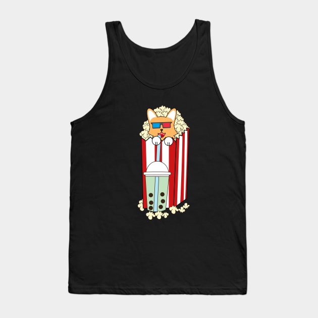 Corgi dog in popcorn bucket watching 3D movies and drinking bubble boba tea Tank Top by Ralph Hovsepian